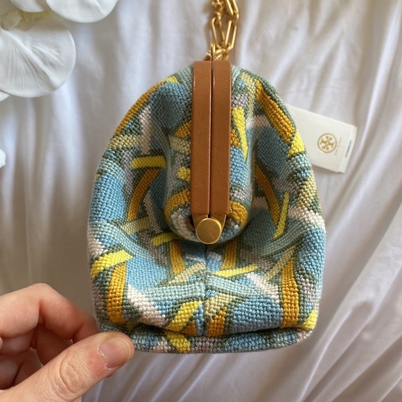 Tory Burch Cleo Basketweave Blue Caning Logo Geo Needlepoint Small Bag - Picture 5 of 15